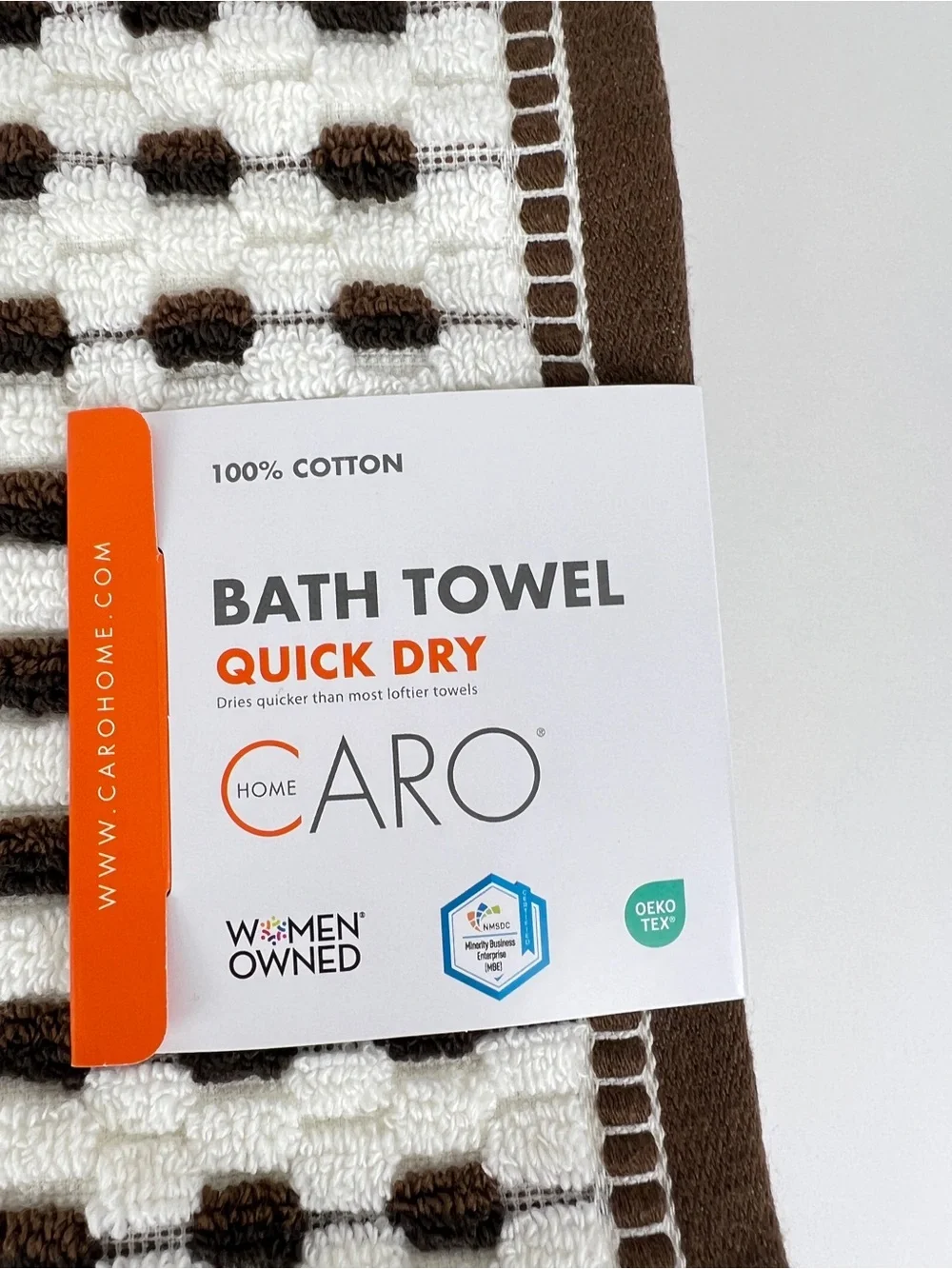 Caro Home Bath Towels White with Brown Check Quick Dry Soft Cotton 2 Pc Set NEW